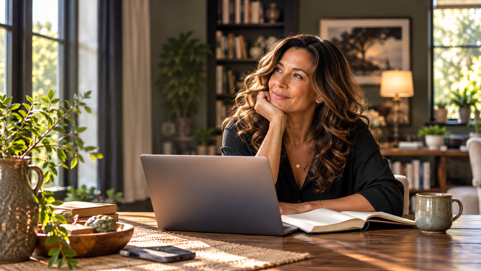 A woman sitting peacefully with her laptop in a warm, sunlit room